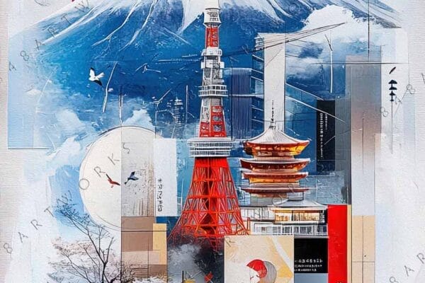 "Abstract digital collage of Mount Fuji and Tokyo Tower, in vibrant red, blue, and white."