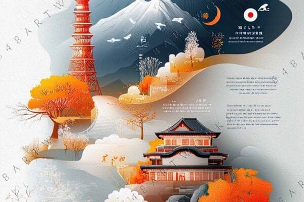 "Digital illustration of Japan's seasonal landscapes in pastel blues, oranges, and grays."