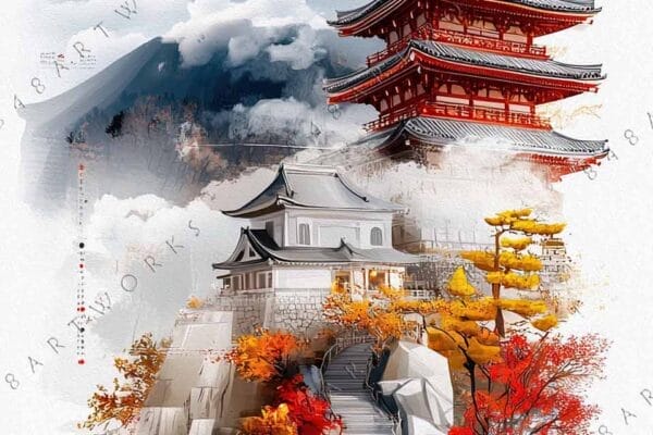 "Digital art of Mount Fuji beside a pagoda, autumn trees, and serene waters."