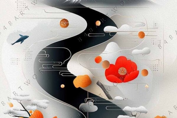 "Digital artwork of a stylized landscape with orange leaves and a winding river."