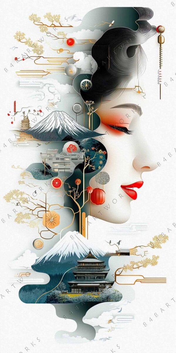 "Stylized digital art of a woman's profile blended with Japanese cultural elements."