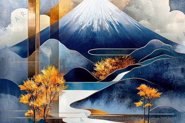 "Digital painting of a mountain with vivid orange sun and autumn trees in blue tones."