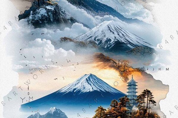 "Digital painting of layered Asian landscapes featuring temples and snowy mountains in serene tones."