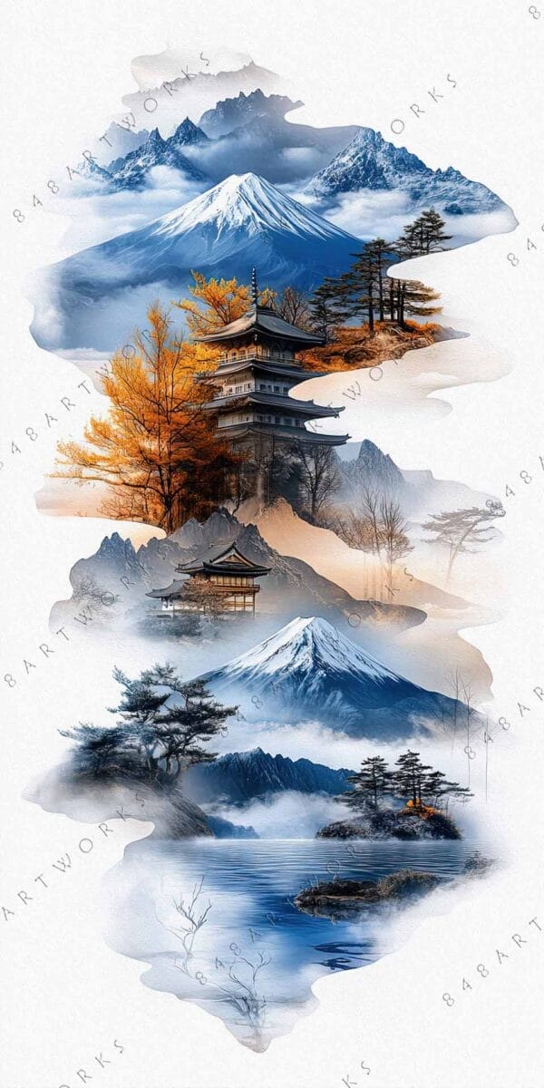 "Digital painting of autumn landscape with mountains, pagodas, and blue skies."