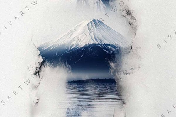 Minimalist digital art of Mount Fuji reflected on water, using grayscale tones.