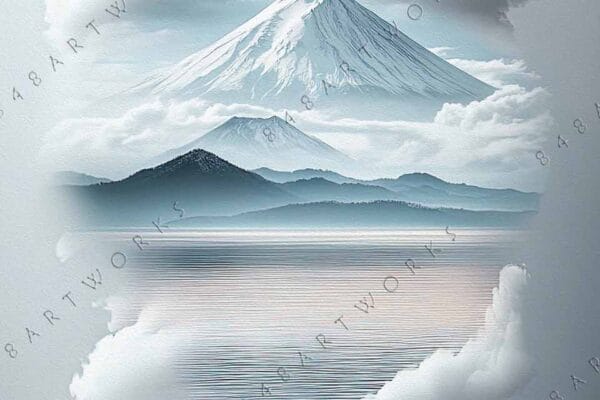 "Surreal digital artwork of a man gazing at mountains through a floating cloud window."