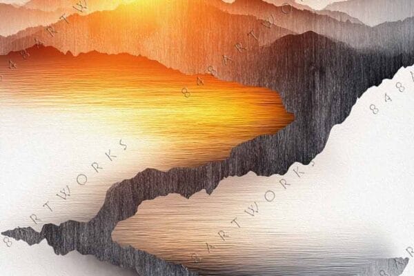 "Layered digital art of a mountain at sunrise with orange and gray tones."