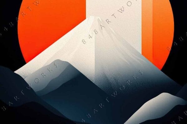 "Digital artwork of a stylized mountain with an orange sun over a reflective surface."