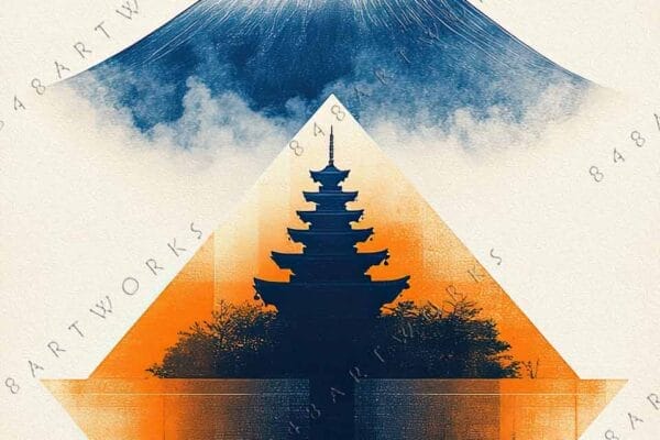 "Digital artwork depicting a blue mountain above an orange-hued pagoda."
