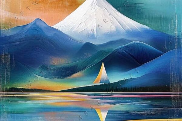 Abstract digital painting of a mountain with vibrant orange, green, and blue layers.
