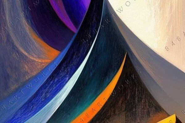 Abstract digital painting with curved shapes in blue, red, orange, and cream tones.