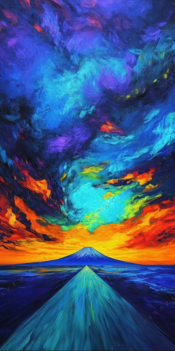Vibrant digital painting of a volcanic landscape with swirling blue and orange skies.