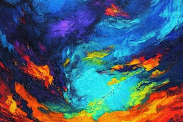 Vibrant digital painting of a volcanic landscape with swirling blue and orange skies.