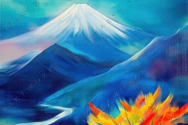 "Vivid digital painting of colorful tree and snow-capped mountain under swirling blue skies."