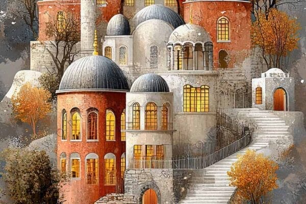 "Digital painting of domed mosque, vibrant autumn trees, two minarets with red flags."