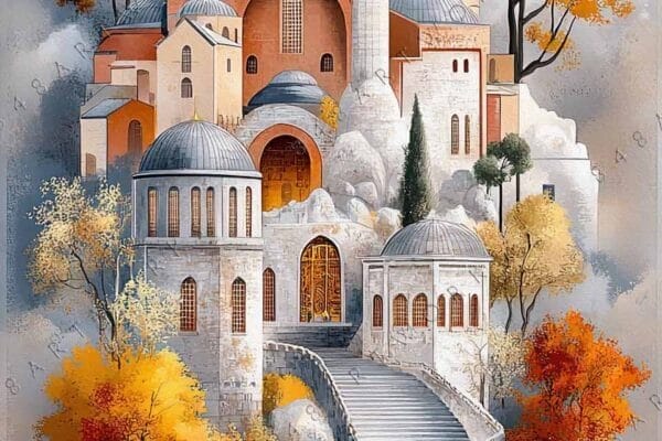 "Digital painting of a grand mosque with autumn trees, reflected in a calm river."