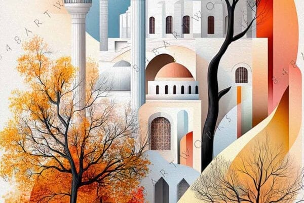 "Digital art of a mosque with minarets, bare trees, and a colorful abstract background."