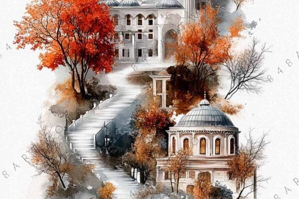 "Digital painting of an ornate mosque amid autumn trees with a sailing boat below."