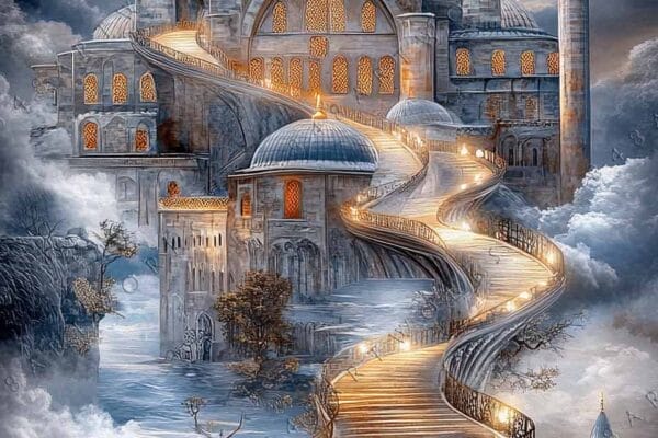 Fantasy digital painting of a surreal palace with a glowing, winding staircase under dramatic clouds.