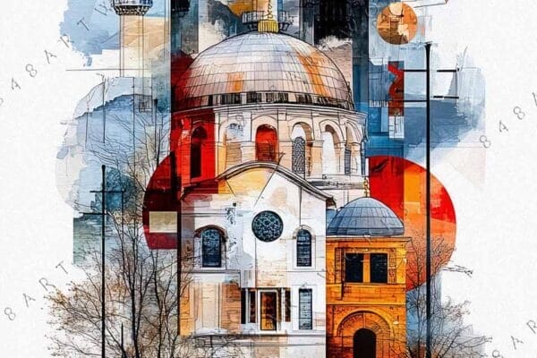 Architectural digital art of a mosque with minarets, in blue and orange tones.