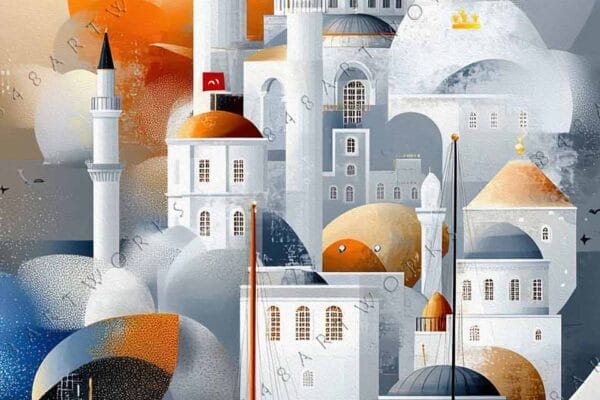 "Digital artwork of a whimsical cityscape with orange domes and a red boat."