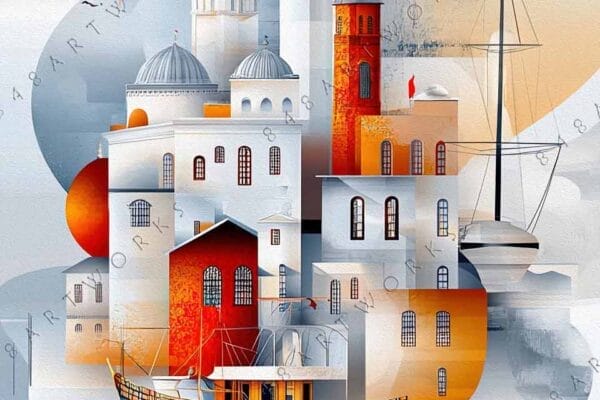 "Geometric digital artwork of a fantasy cityscape in blue, gray, and orange hues."