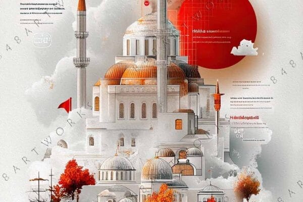 Digital art of mosque with minarets, orange domes, clouds, and red trees.
