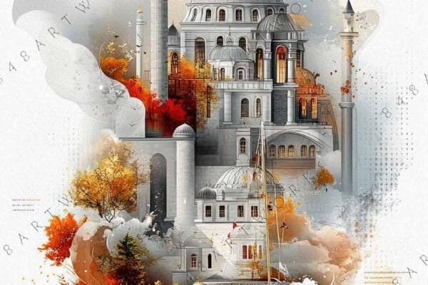 Digital artwork of Istanbul skyline with mosques, autumn colors, and a ferry.