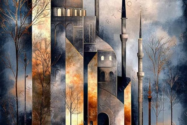 "Fantasy digital painting of a surreal cityscape with tall spires and a golden-red moon."
