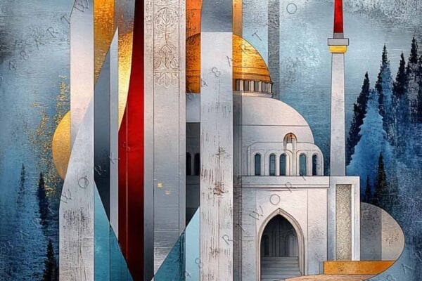 "Surreal digital artwork featuring geometric mosque, golden sun, and towering spires in blue hues."