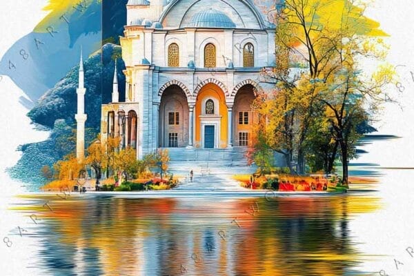 "Vibrant digital painting of a mosque with colorful abstract background and reflections."