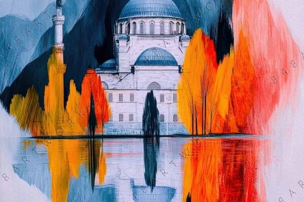 "Digital painting of a mosque with colorful trees and mountains reflected in water."