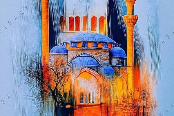 Digital painting of an abstract mosque with minarets, birds, in blue and orange hues.