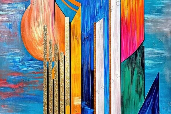 "Abstract geometric painting with vibrant blue, orange, pink, and gold elements."