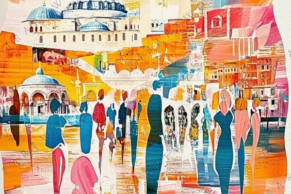 "Abstract digital painting of a vibrant cityscape with mosques, in blue and orange hues."