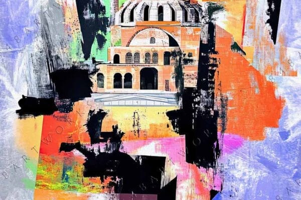 "Abstract digital art of a mosque with vibrant colors and textured brushstrokes."