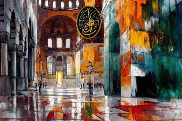 Abstract digital painting of an ornate interior with vibrant red, orange, and green tones.