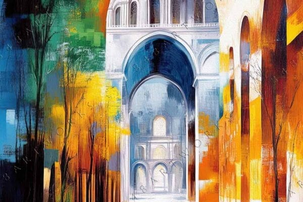 "Abstract digital painting of a colorful archway with trees, in blue, orange, and yellow."