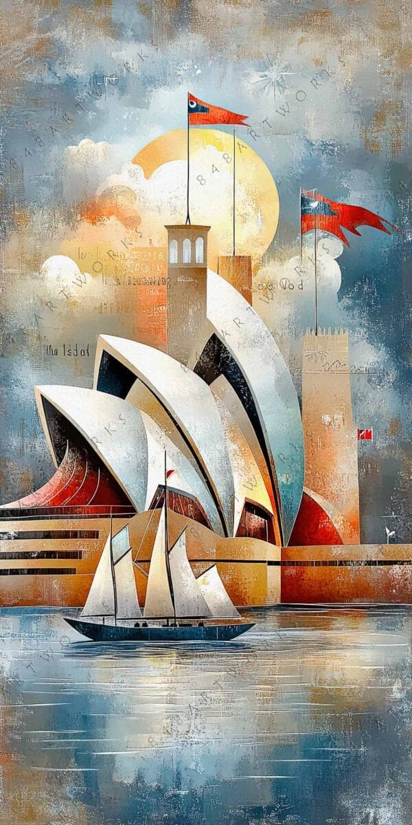 Abstract digital painting of iconic architecture and sailboat in earthy and blue tones.