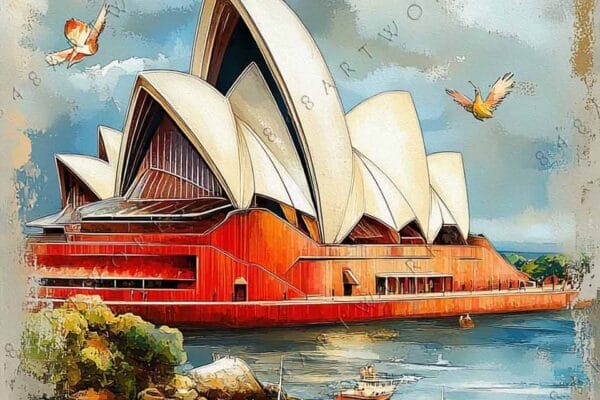 "Digital artwork of the Sydney Opera House with boats and birds, in soft pastel tones."