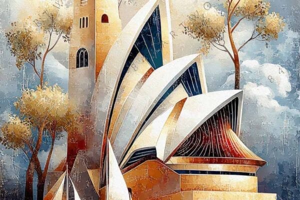 "Surreal digital painting of a tower, sailboats, birds, in warm and cool tones."