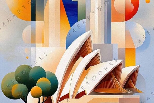 "Abstract digital art of geometric buildings and trees in blue, orange, and beige."