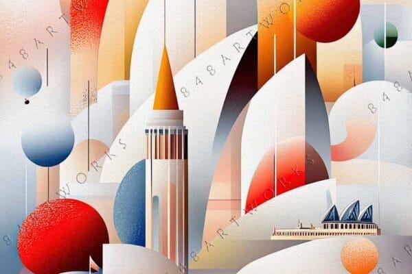 "Geometric digital art of stylized cityscape with vibrant orange, red, and blue circles."