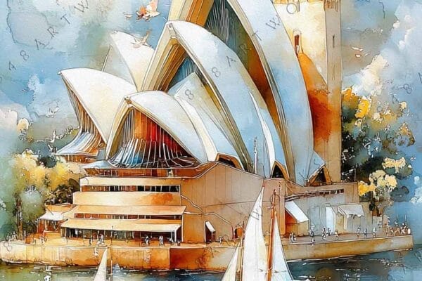 Watercolor painting of Sydney Opera House with boats and seagulls in soft blue hues.