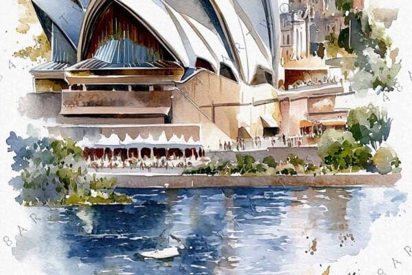 "Watercolor painting of a landmark with floral accents in soft earthy tones."