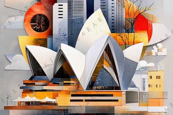 "Abstract digital art of buildings and trees with vibrant orange and gray geometric shapes."