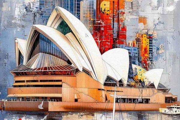 "Colorful digital painting of Sydney Opera House and skyscrapers reflecting on water."