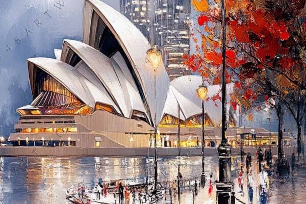 Impressionistic painting of Sydney Opera House with autumn trees, water reflections, and warm lighting.
