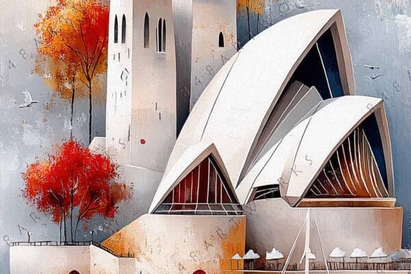 "Colorful abstract painting of a modern building with autumn trees and a blue boat."