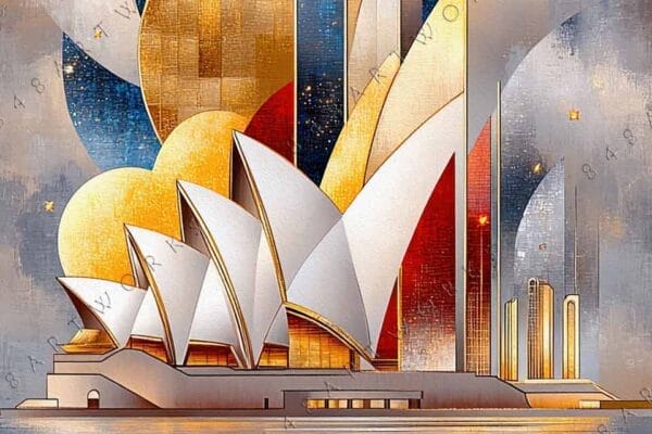 "Geometric digital painting of a stylized opera house with gold and blue accents."